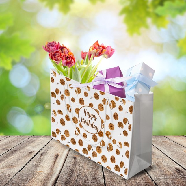 Sacola Para Presentes Grande Padrão de Cookies Chip de Chocolate de Aquarela (Criador carregado)