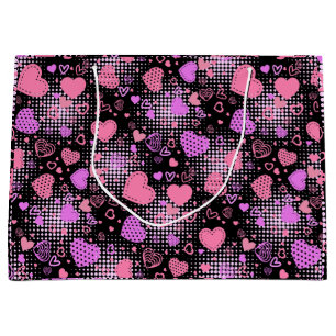 Sacola Para Presentes Grande Padrão de Corações Rosa 01 Preto BG