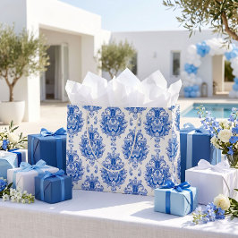 Sacola Para Presentes Grande Padrão de Damasco Mediterrâneo Azul Branco Elegant