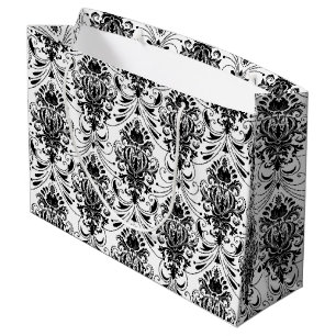Sacola Para Presentes Grande Padrão de damasco ornamental vintage branco e pret