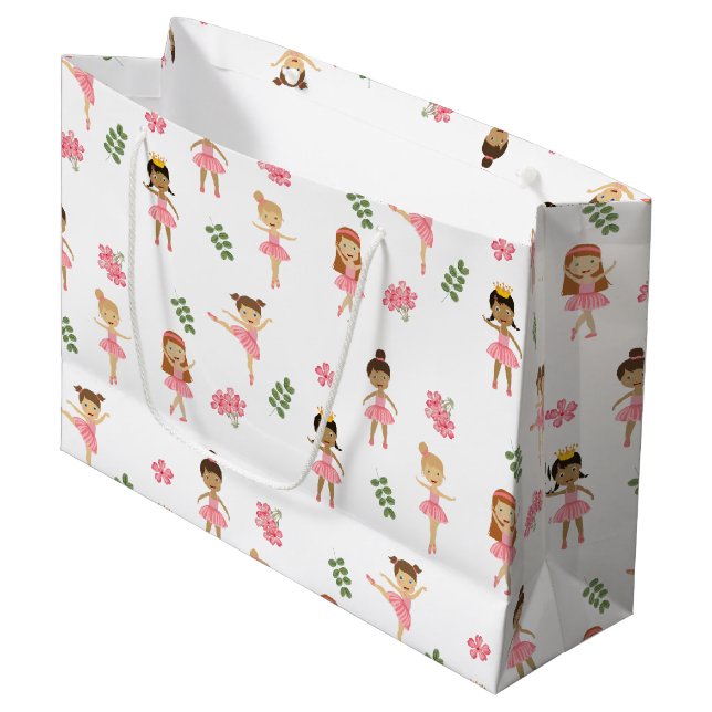 Sacola Para Presentes Grande Padrão de dança de Ballerinas Rosa-balé (Frente inclinada)
