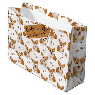 Sacola Para Presentes Grande Padrão de desenho do Corgi com saudação personaliz