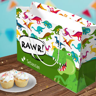 Sacola Para Presentes Grande Padrão de Dinossauro Colorido com Nome T-Rex Verde