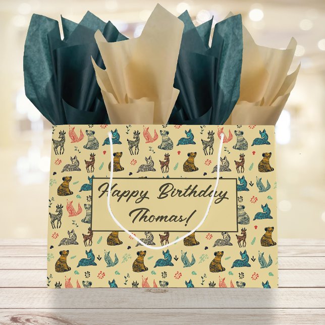 Sacola Para Presentes Grande Padrão de Doodle Animal Forest | Amarelo (Criador carregado)