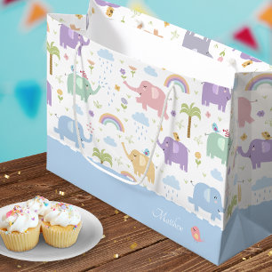 Sacola Para Presentes Grande Padrão de Elefante de Pastel Azul para Festa de Me