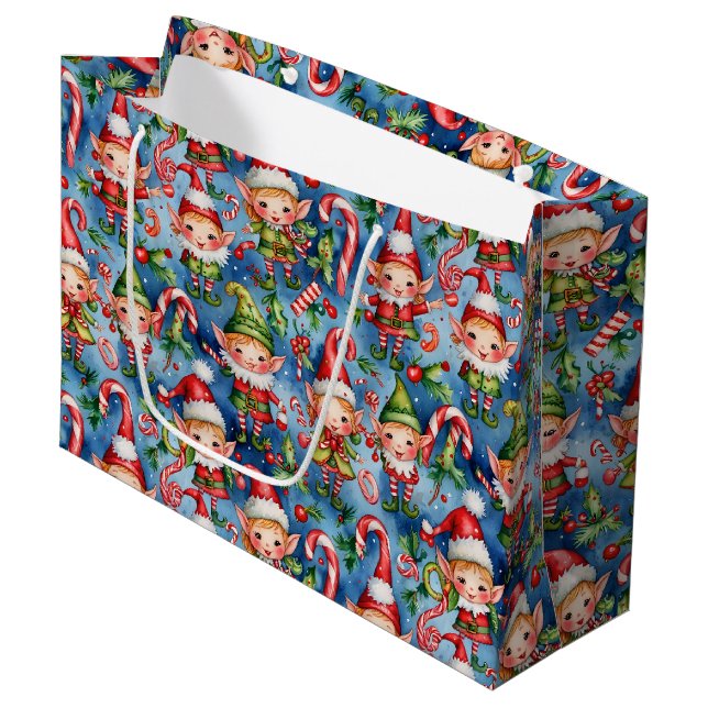Sacola Para Presentes Grande Padrão de Elf de Natal (Frente inclinada)