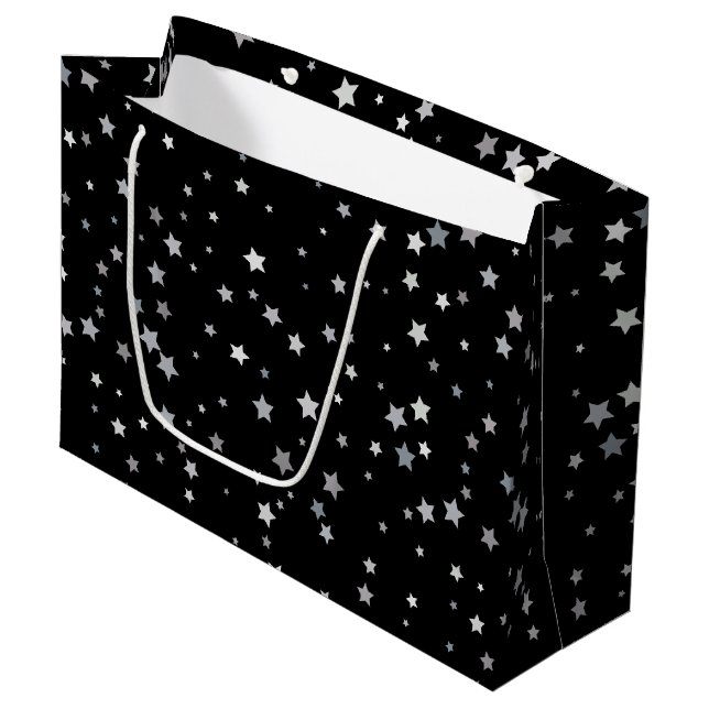 Sacola Para Presentes Grande Padrão de Estrelas Prateadas Cujas | Qualquer cor  (Frente inclinada)