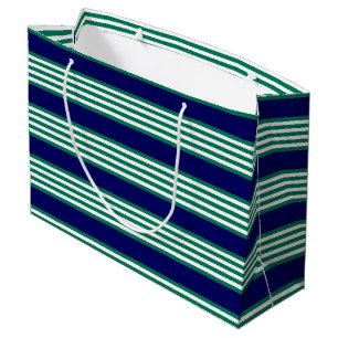 Sacola Para Presentes Grande Padrão de faixas verdes e brancas com azul-marinho