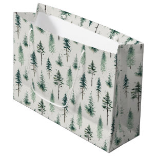 Sacola Para Presentes Grande Padrão de Feriado das Árvores de Natal em Aquarela