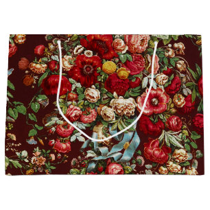 Sacola Para Presentes Grande Padrão de Fita Floral Rosa Vitoriana Borgonha Escu