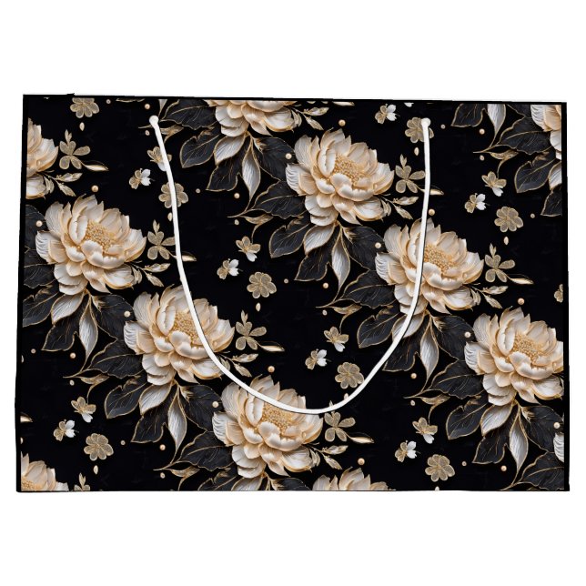 Sacola Para Presentes Grande Padrão de flor de peônia preta pérola luxuosa eleg (Verso)