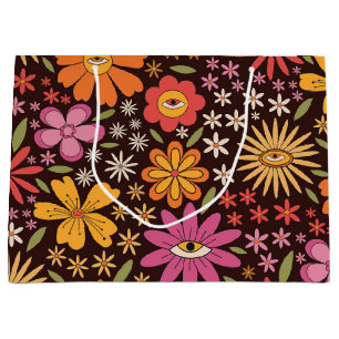 Sacola Para Presentes Grande Padrão de Flor Psicodélico Hippie dos Anos 70 