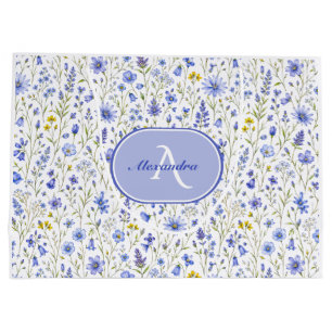 Sacola Para Presentes Grande Padrão de Flor Silvestre Aquarela Azul Nome Person
