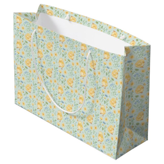 Sacola Para Presentes Grande Padrão de Flores e Frangos Amarelos Fofos (Verso inclinado)
