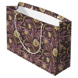 Sacola Para Presentes Grande Padrão de Flores Relevo Roxo e Dourado