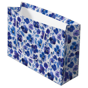 Sacola Para Presentes Grande Padrão de Flores Tipo Amor-Perfeito Azul e Roxo