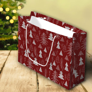 Sacola Para Presentes Grande Padrão de Floresta de Árvore de Natal Vermelha e P