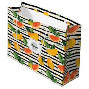 Sacola Para Presentes Grande Padrão de Fruta de Citros Vibrante com Folhas Verd
