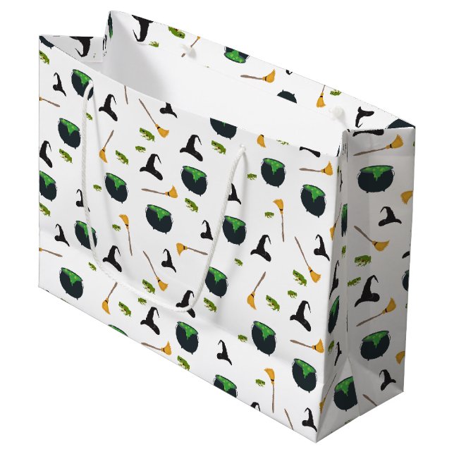 Sacola Para Presentes Grande Padrão de Halloween da Bruxa Broom Caldron (Frente inclinada)