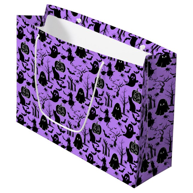 Sacola Para Presentes Grande Padrão de Halloween. Spooky e fofo.b L Purple BG (Frente inclinada)