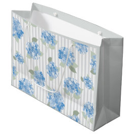 Sacola Para Presentes Grande Padrão de Hortênsia Azul Elegante Faixa Cinza 
