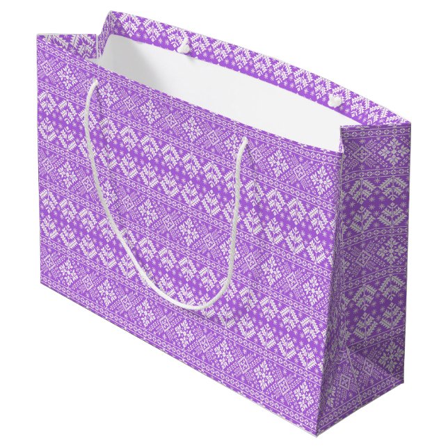 Sacola Para Presentes Grande Padrão de Ilha da Feira de Natal Roxo e Branco (Verso inclinado)
