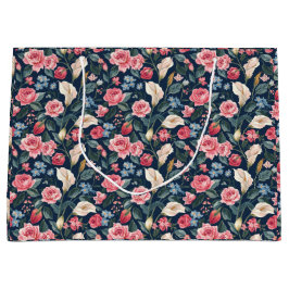 Sacola Para Presentes Grande Padrão de Jardim Floral Azul Naval Romântico