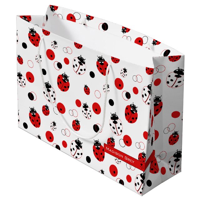 Sacola Para Presentes Grande Padrão de Ladybug vermelho, preto e branco simples (Verso inclinado)