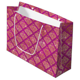 Sacola Para Presentes Grande Padrão de Lantejoulas Damasco Magenta e Dourado