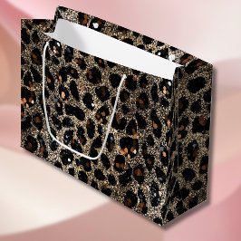 Sacola Para Presentes Grande Padrão de Leopardo Dourado Preto Marrom Brilho Lux