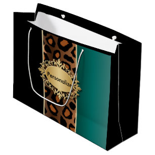 Sacola Para Presentes Grande Padrão de Leopardo Negro e Teal