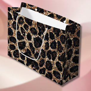 Sacola Para Presentes Grande Padrão de Leopardo Preto Marrom Dourado Brilhante