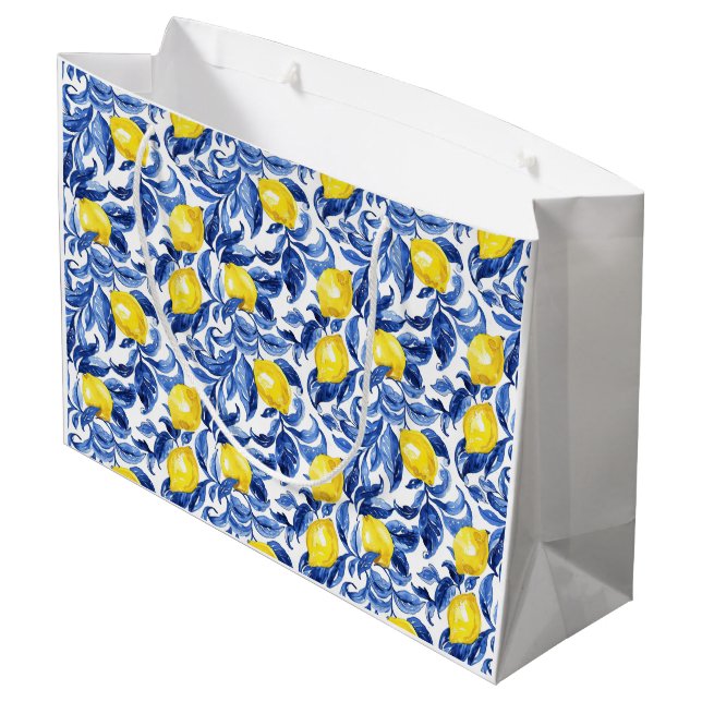 Sacola Para Presentes Grande Padrão de Limão Aquarela Azul (Verso inclinado)