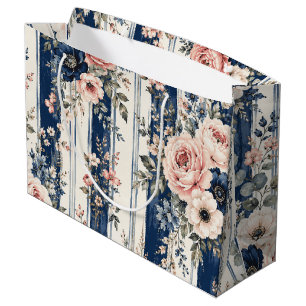 Sacola Para Presentes Grande Padrão de Listra Floral Azul Marinho em Aquarela