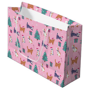 Sacola Para Presentes Grande Padrão de Natal de Gatos e Árvores