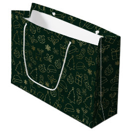 Sacola Para Presentes Grande Padrão de Natal em Folha Dourada e Verde Elegante