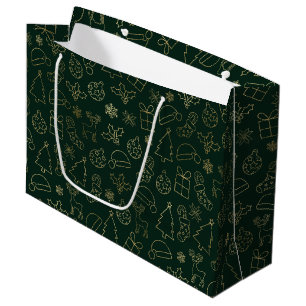 Sacola Para Presentes Grande Padrão de Natal em Folha Dourada e Verde Elegante