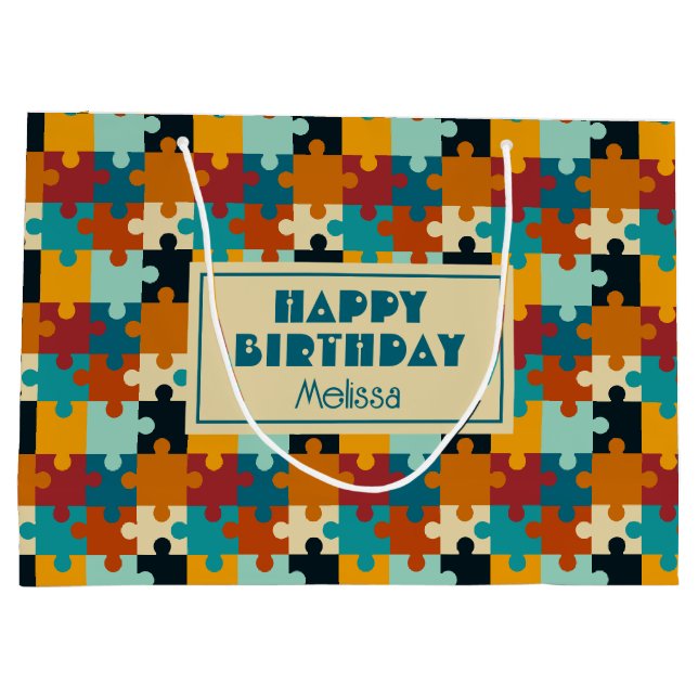 Sacola Para Presentes Grande Padrão de peças de Quebra-cabeça estética de vinhe (Verso)