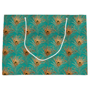 Sacola Para Presentes Grande Padrão de Penas de Peacock com Glitter Elegante 