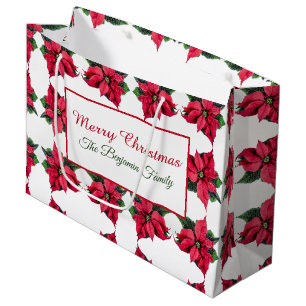 Sacola Para Presentes Grande Padrão de Poinsettias Brancas natais vintages