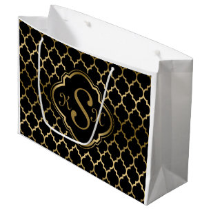 Sacola Para Presentes Grande Padrão de Quatrefoil Dourado e Preto Monograma