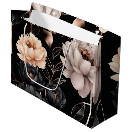 Sacola Para Presentes Grande Padrão de Rosas Florais Pretas Elegantes Folhas de