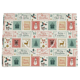 Sacola Para Presentes Grande Padrão de selo postal de Natal vintage