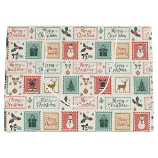 Sacola Para Presentes Grande Padrão de selo postal de Natal vintage