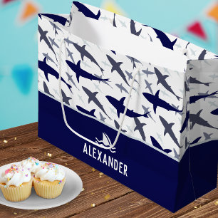 Sacola Para Presentes Grande Padrão de Shark Azul com Festa de aniversário do N