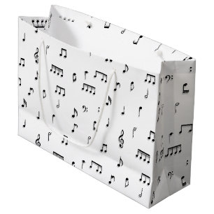 Sacola Para Presentes Grande Padrão de Símbolo de Notas Musicais Pretas e Branc