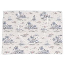 Sacola Para Presentes Grande Padrão de Toile Francês Tropical Costeiro Azul