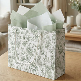 Sacola Para Presentes Grande Padrão de Toile Vintage Floral Verde Salvia