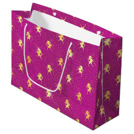 Sacola Para Presentes Grande Padrão de Unicórnio Dourado Brilhante em Magenta