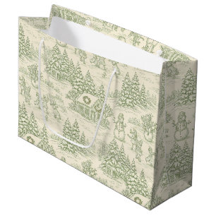 Sacola Para Presentes Grande Padrão de Vila de Natal Vintage Toile Verde (5)